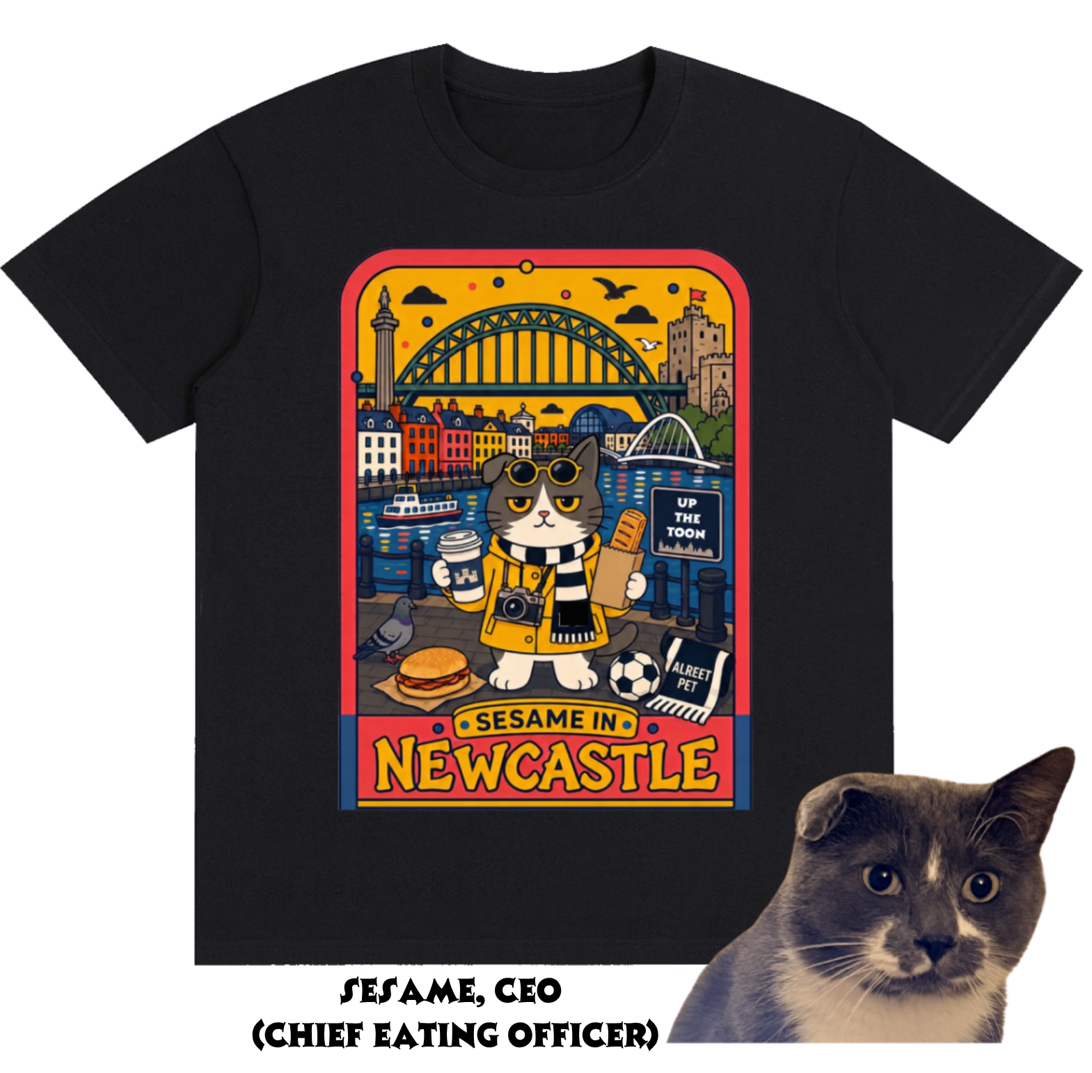 Black pure cotton T-shirt printed with a retro illustration of Sesame the cat in Newcastle upon Tyne, next to a photo of the real Sesame captioned Chief Eating Officer
